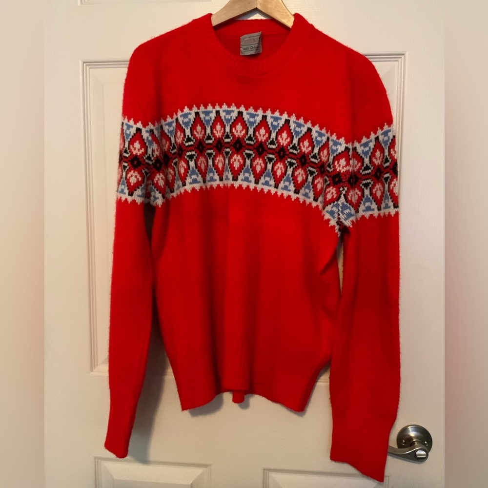 Vintage Brent 100% Orlon Bright Red Crewneck Sweater Norwegian Print